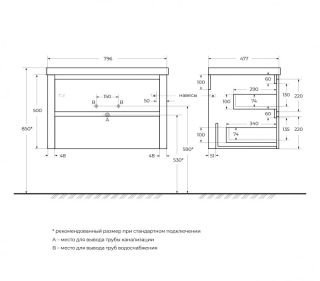 База под раковину Cezares подвесная с двумя выкатными ящиками, Сатин, 796x478x500, RELAX-800-2C-SO-SAT-P
